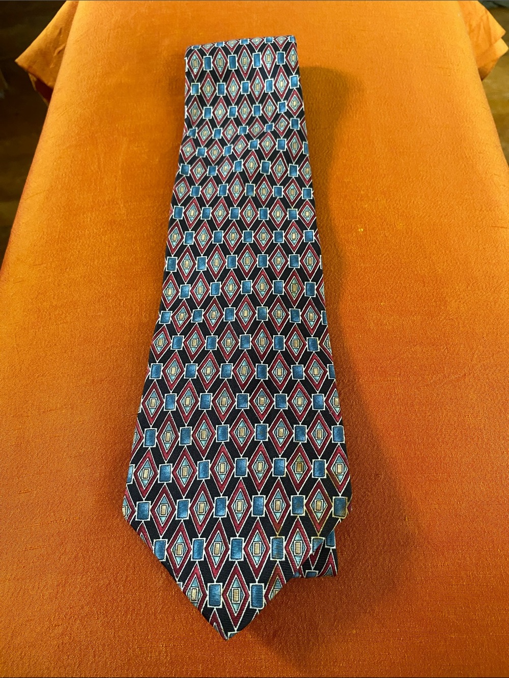 Halston Heritage Burgundy Geometric Men's Tie with Blue and Cream Accents